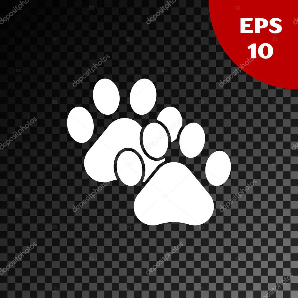 White Paw print icon isolated on transparent dark background. Dog or cat paw print. Animal track. Vector Illustration