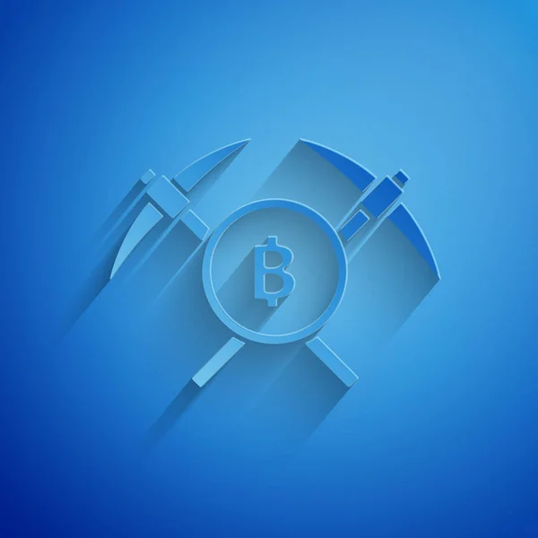 Papier knippen gekruiste houweel pictogram geïsoleerd op blauwe achtergrond. Blockchain-technologie, cryptogeld mijnbouw, bitcoin, altcoins, digitale geldmarkt. Papier kunststijl. Vector illustratie — Stockvector