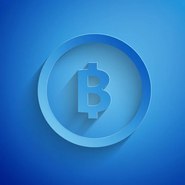 Papier knippen Cryptogeld Coin Bitcoin pictogram geïsoleerd op blauwe achtergrond. Fysieke bit munt. Blockchain gebaseerde Secure crypto-valuta. Papier kunststijl. Vector illustratie — Stockvector
