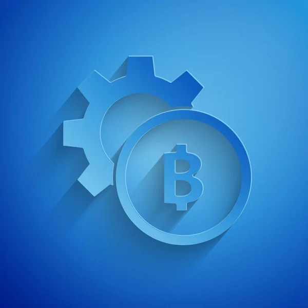 Papier knippen Cryptogeld Coin Bitcoin pictogram geïsoleerd op blauwe achtergrond. Gear en Bitcoin-instelling. Blockchain gebaseerde Secure crypto-valuta. Papier kunststijl. Vector illustratie — Stockvector