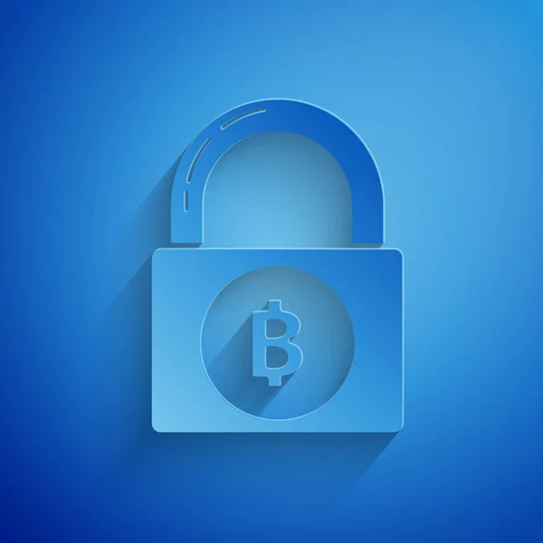Paper cut Lock with bitcoin icon isolated on blue background. Cryptocurrency mining, blockchain technology, security, protect, digital money. Paper art style. Vector Illustration — Stock Vector