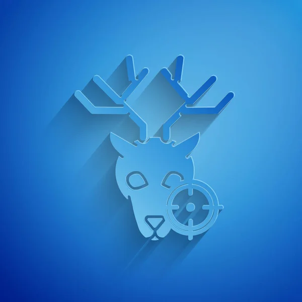 Paper cut Hunt on deer with crosshairs icon isolated on blue background. Hunting club logo with deer and target. Rifle lens aiming a deer. Paper art style. Vector Illustration — Stock Vector