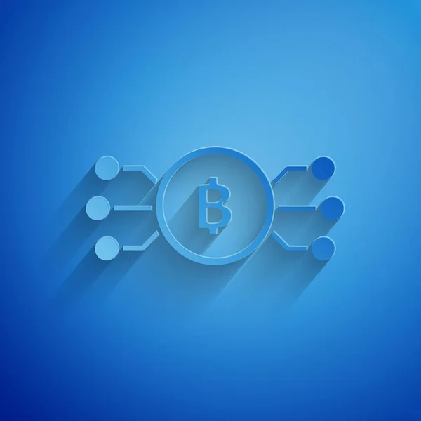 Corte de papel Bitcoin criptomoneda en círculo con icono de circuito de microchip aislado sobre fondo azul. Tecnología blockchain, mercado de dinero digital. Estilo de arte de papel. Ilustración vectorial — Archivo Imágenes Vectoriales