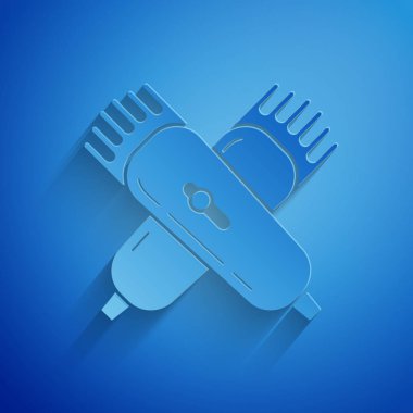 Kağıt kesilmiş Çapraz elektrikli saç makası veya tıraş makinesi simgesi mavi arka plan üzerinde izole. Berber dükkanı sembolü. Kağıt sanat tarzı. Vektör İllüstrasyonu