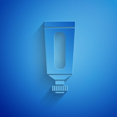 Kağıt kesiği krem ya da losyon kozmetik tüp ikonu mavi arka planda izole edilmiş. Erkekler için vücut bakım ürünleri. Kağıt sanatı tarzı. Vektör İllüstrasyonu