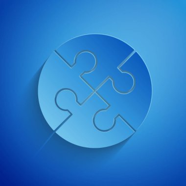 Kağıt mavi arka plan üzerinde izole bulmaca simgesi parçası kesti. İş, pazarlama, finans, şablon, düzen, infographics, internet kavramı. Kağıt sanat tarzı. Vektör İllüstrasyonu