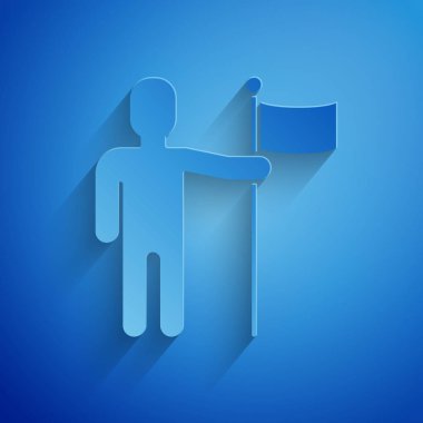 Kağıt mavi arka plan üzerinde izole bayrak simgesi tutan Man kesti. Kağıt sanat tarzı. Vektör İllüstrasyonu