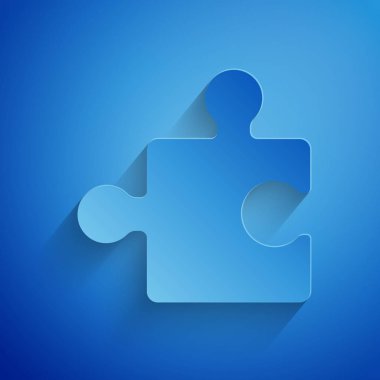 Kağıt mavi arka plan üzerinde izole bulmaca simgesi parçası kesti. Modern düz, iş, pazarlama, finans, internet kavramı. Kağıt sanat tarzı. Vektör İllüstrasyonu