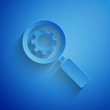 Kağıt mavi arka plan üzerinde izole büyüteç ve dişli simgesi kesti. Arama dişli aracı. İş analizi sembolü. Kağıt sanat tarzı. Vektör İllüstrasyonu