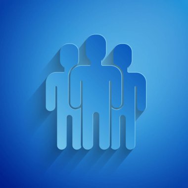 Kağıt kesme Kullanıcılar grup simgesi mavi arka plan üzerinde izole. Kişi grubu simgesi. İş avatarı simgesi kullanıcı profili simgesi. Kağıt sanat tarzı. Vektör İllüstrasyonu