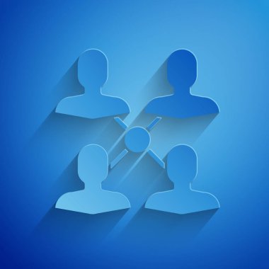 Kağıt kesme Proje takım taban simgesi mavi arka plan üzerinde izole. İş analizi ve planlaması, danışmanlık, ekip çalışması, proje yönetimi. Kağıt sanat tarzı. Vektör İllüstrasyonu