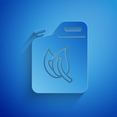 Kağıt kesilmiş Biyo yakıt kutusu simgesi mavi arka plan üzerinde izole. Eko biyo ve varil. Yeşil çevre ve geri dönüşüm. Kağıt sanat tarzı. Vektör İllüstrasyonu