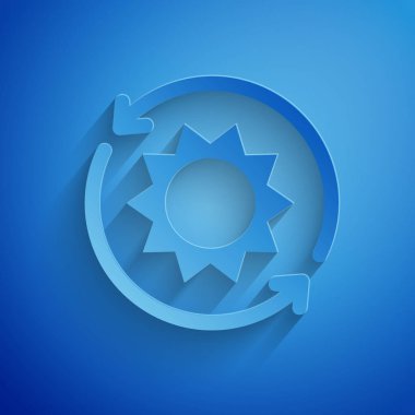 Kağıt mavi arka plan üzerinde izole Güneş enerjisi paneli simgesi kesti. Şimşek sembolü olan güneş. Kağıt sanat tarzı. Vektör İllüstrasyonu