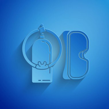 Kağıt kesme Dalış maskesi ve aqualung simgesi mavi arka plan üzerinde izole. Dalgıç için oksijen tankı. Ekstrem sporlar. Spor ekipmanları. Kağıt sanat tarzı. Vektör İllüstrasyonu