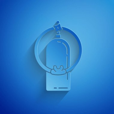 Kağıt mavi arka plan üzerinde izole Aqualung simgesi kesti. Dalgıç için oksijen tankı. Dalış ekipmanları. Ekstrem sporlar. Spor ekipmanları. Kağıt sanat tarzı. Vektör İllüstrasyonu