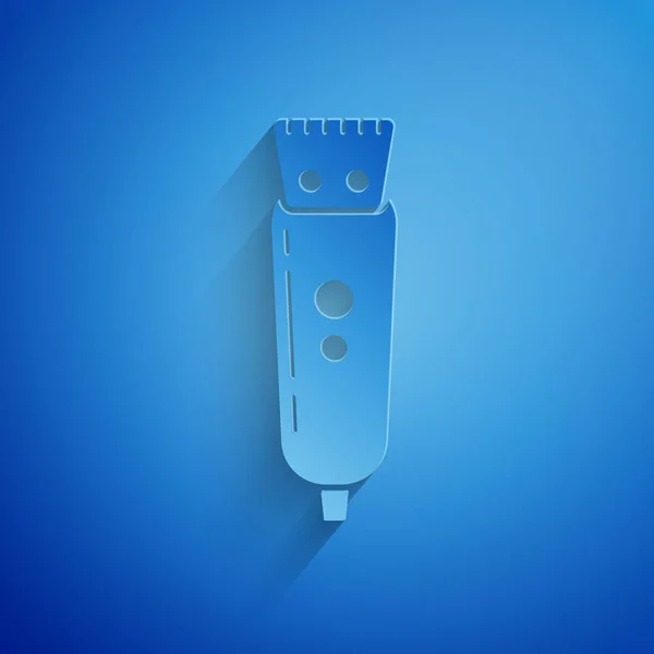 Taglio di carta Tagliacapelli elettrico o icona rasoio isolato su sfondo blu. Simbolo del barbiere. Stile cartaceo. Illustrazione vettoriale — Vettoriale Stock