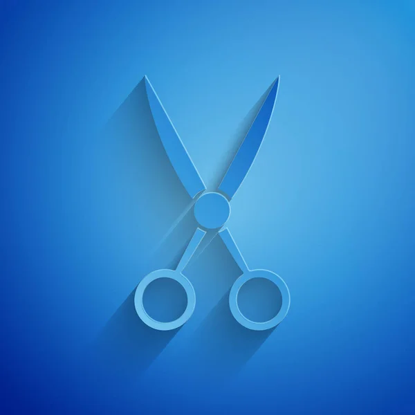 Иконка парикмахера с ножницами вырезана из бумаги на синем фоне. Парикмахерская, модный салон и вывеска. Символ парикмахерской. Бумажный стиль. Векторная миграция — стоковый вектор