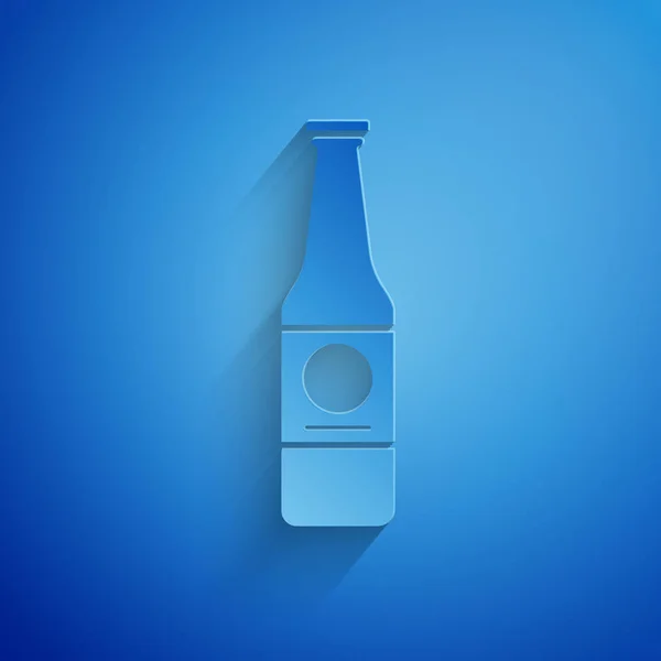 Paper cut Beer bottle icon isolated on blue background. Paper art style. Vector Illustration — Stock Vector