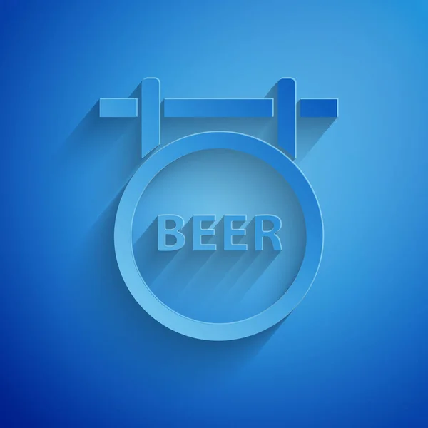Střih papíru pouliční tabule s nápisem pivní ikona izolovaná na modrém pozadí. Vhodné pro reklamní bary, kavárny, hospodu, restauraci. Styl papírového umění. Vektorová ilustrace — Stockový vektor