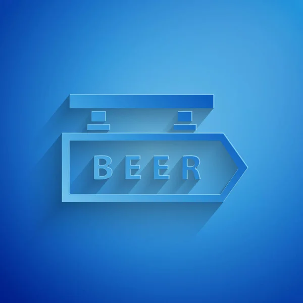 Letrero de calle con inscripción Icono de cerveza aislado sobre fondo azul. Adecuado para anuncios bar, cafetería, pub, restaurante. Estilo de arte de papel. Ilustración vectorial — Archivo Imágenes Vectoriales