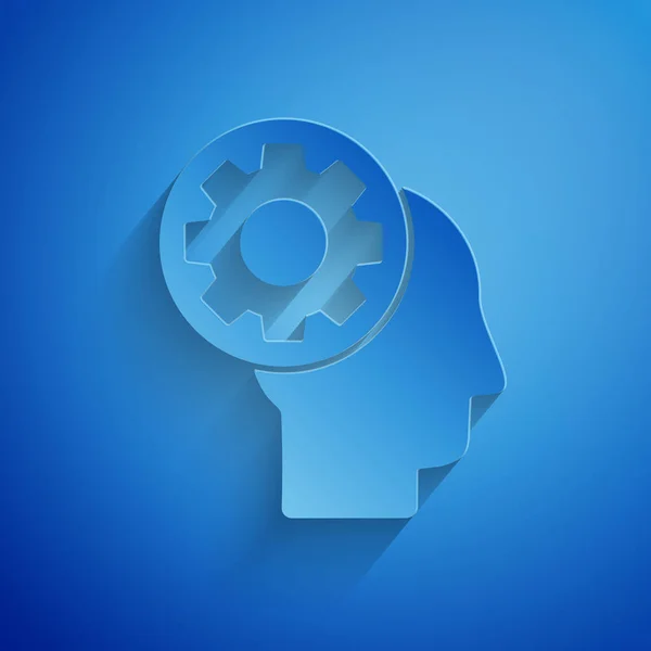 Cięcie papieru ludzka głowa z narzędzi wewnątrz ikony izolowane na niebieskim tle. Sztuczna inteligencja. Myślenie znak mózgu. Symbol pracy mózgu. Styl Artystyczny papieru. Ilustracja wektorowa — Wektor stockowy