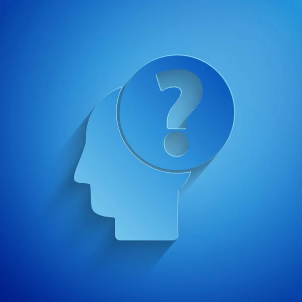 Papier découpé tête humaine avec icône point d'interrogation isolé sur fond bleu. Style art du papier. Illustration vectorielle — Image vectorielle
