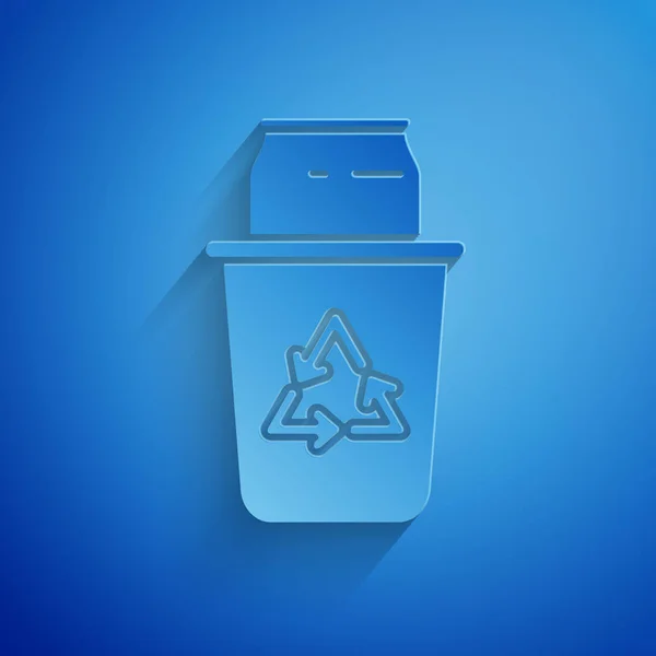 Papier découpé Corbeille avec symbole de recyclage et peut icône isolée sur fond bleu. Icône poubelle. Panneau poubelle. Panneau panier de recyclage. Style art du papier. Illustration vectorielle — Image vectorielle