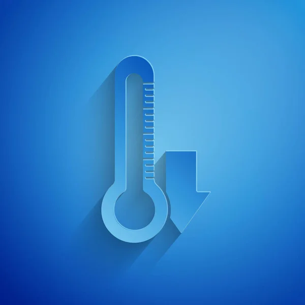 Paper cut Thermometer icon isolated on blue background. Paper art style. Vector Illustration — Stock Vector