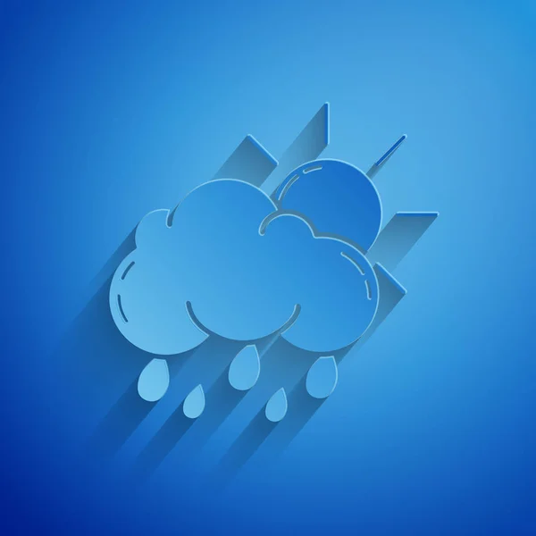Papiergeschnittene Wolke mit Regen und Sonnensymbol isoliert auf blauem Hintergrund. Regenwolken Niederschlag mit Regentropfen. Papierkunst. Vektorillustration — Stockvektor