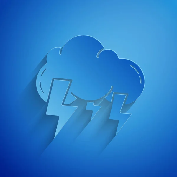 Sturmsymbol aus Papier isoliert auf blauem Hintergrund. Wolke und Blitz. Wetter-Ikone Sturm. Papierkunst. Vektorillustration — Stockvektor
