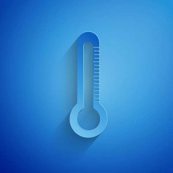 紙カット温度計アイコンは、青い背景に分離されています。ペーパーアートスタイル。ベクトルイラストレーション — ストックベクタ