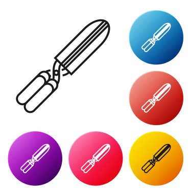 Siyah çizgi Bahçe el yapımı makas beyaz arka plan üzerinde izole simgesi kırpma için. Ahşap saplı budama makası. Simgeleri renkli daire düğmeleri ayarlayın. Vektör İllüstrasyonu