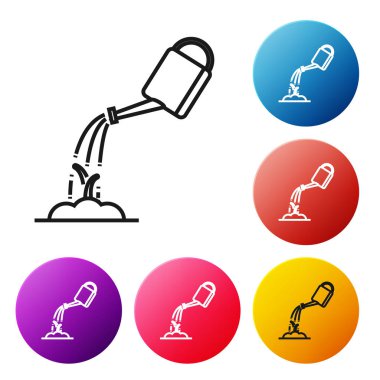 Siyah hat Sulama beyaz arka plan üzerinde izole su simgesi ile olabilir. Bir filizi sulandırmak. Sulama sembolü. Simgeleri renkli daire düğmeleri ayarlayın. Vektör İllüstrasyonu