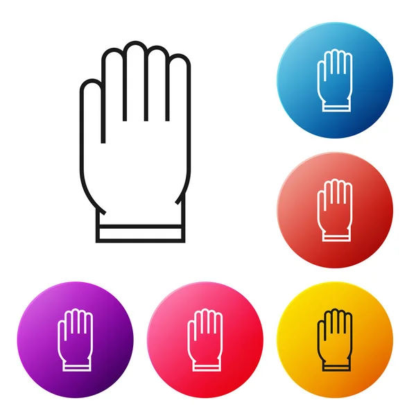 Black line Garden gloves icon isolated on white background. Rubber gauntlets sign. Farming hand protection, gloves safety. Set icons colorful circle buttons. Vector Illustration — Stock Vector