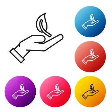 Beyaz arka plan üzerinde izole çevre koruma simgesi elinde Siyah çizgi Filiz. Tohum ve fide. Fidan dikimi. Ekoloji kavramı. Simgeleri renkli daire düğmeleri ayarlayın. Vektör İllüstrasyonu