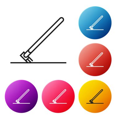 Beyaz arka plan üzerinde izole çalışma simgesi siyah çizgi Bahçe tırmık. Bahçecilik, tarım, tarım için bir araç. Yer kültivatör. Simgeleri renkli daire düğmeleri ayarlayın. Vektör İllüstrasyonu