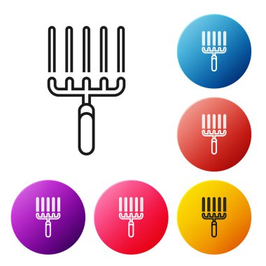 Beyaz arka plan üzerinde izole çalışma simgesi siyah çizgi Bahçe tırmık. Bahçecilik, tarım, tarım için bir araç. Yer kültivatör. Simgeleri renkli daire düğmeleri ayarlayın. Vektör İllüstrasyonu