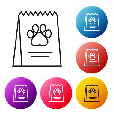 Beyaz arka plan üzerinde izole köpek simgesi için gıda Siyah çizgi Çanta. Köpek ya da kedi pençesi izi. Hayvanlar için yiyecek. Evcil hayvan yiyecek paketi. Simgeleri renkli daire düğmeleri ayarlayın. Vektör İllüstrasyonu