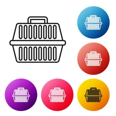 Siyah çizgi Pet beyaz arka plan üzerinde izole durumda simgesi taşır. Hayvanlar, köpek ve kedi taşıyıcısı. Hayvanlar için konteyner. Hayvan taşıma kutusu. Simgeleri renkli daire düğmeleri ayarlayın. Vektör İllüstrasyonu