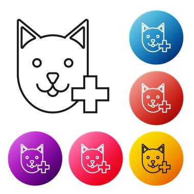 Siyah çizgi Veteriner kliniği sembol simgesi beyaz arka plan üzerinde izole. Kedi veteriner bakımı ile çapraz. Pet İlk Yardım işareti. Simgeleri renkli daire düğmeleri ayarlayın. Vektör İllüstrasyonu