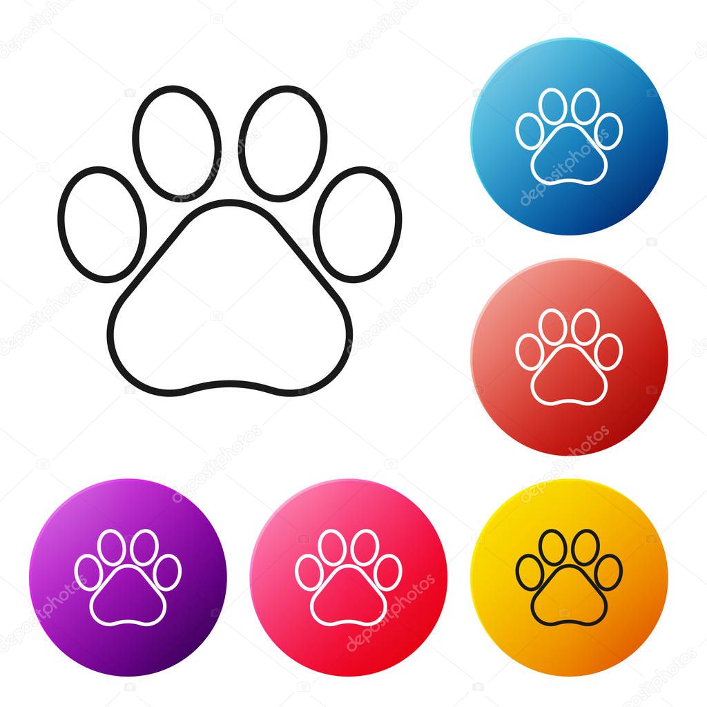 Black line Paw print icon isolated on white background. Dog or cat paw print. Animal track. Set icons colorful circle buttons. Vector Illustration