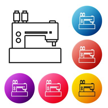Siyah çizgi Dikiş makinesi simgesi beyaz arka plan üzerinde izole. Simgeleri renkli daire düğmeleri ayarlayın. Vektör İllüstrasyonu