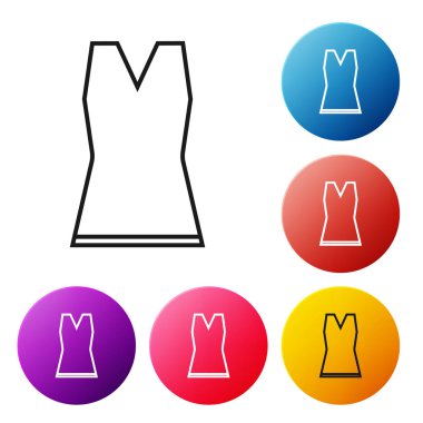 Siyah çizgi Kadın elbise simgesi beyaz arka plan üzerinde izole. Kıyafet işareti. Simgeleri renkli daire düğmeleri ayarlayın. Vektör İllüstrasyonu
