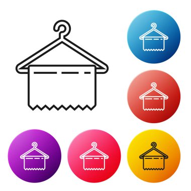 Siyah çizgi Askı gardırop simgesi beyaz arka plan üzerinde izole. Temiz havlu işareti. Vestiyer simgesi. Giysi servisi sembolü. Çamaşır askısı işareti. Simgeleri renkli daire düğmeleri ayarlayın. Vektör İllüstrasyonu
