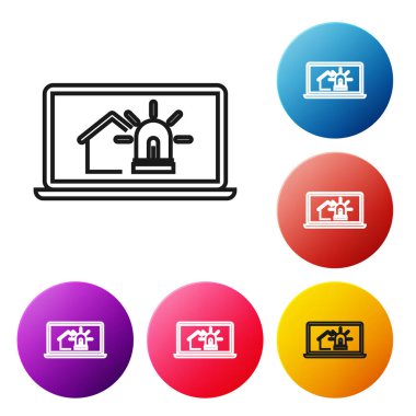 Akıllı ev ve beyaz arka plan üzerinde izole alarm simgesi ile Siyah hat Laptop. Akıllı evin güvenlik sistemi. Simgeleri renkli daire düğmeleri ayarlayın. Vektör İllüstrasyonu