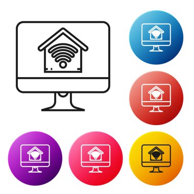 Beyaz arka plan üzerinde izole wi-fi simgesi ile akıllı ev ile Siyah hat Bilgisayar monitörü. Uzaktan kumanda. Simgeleri renkli daire düğmeleri ayarlayın. Vektör İllüstrasyonu