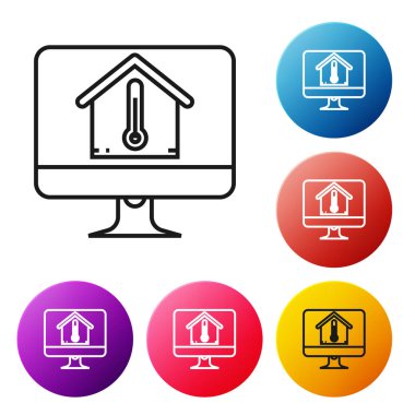 Beyaz arka planda izole edilmiş ev sıcaklığı simgesine sahip siyah çizgi Bilgisayar monitörü. Termometre simgesi. Simgeleri renkli daire düğmeleri ayarlayın. Vektör İllüstrasyonu