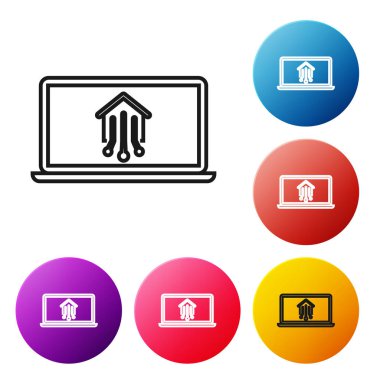 Beyaz arka planda izole edilmiş akıllı ev simgesine sahip siyah çizgi Dizüstü Bilgisayar. Uzaktan kumanda. Simgeleri renkli daire düğmeleri ayarlayın. Vektör İllüstrasyonu