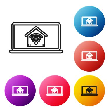 Beyaz arka plan üzerinde izole wi-fi simgesi ile akıllı ev ile Siyah hat Laptop. Uzaktan kumanda. Simgeleri renkli daire düğmeleri ayarlayın. Vektör İllüstrasyonu