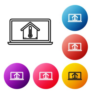 Beyaz arka planda izole edilmiş ev sıcaklığı simgesine sahip siyah çizgi Laptop. Termometre simgesi. Simgeleri renkli daire düğmeleri ayarlayın. Vektör İllüstrasyonu